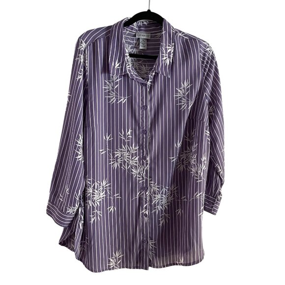 Catherines Women Plus SZ 0X 14/16W Purple White Striped Floral L/S Tunic Blouse - Picture 1 of 12